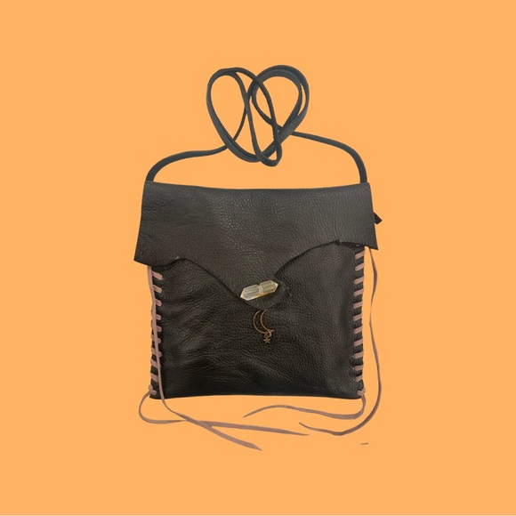 Boho Bespoke Leather Handmade Black Moon & Stars Crossbody Handbag with Quartz - Picture 2 of 2